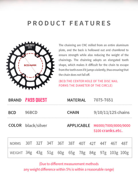 PASS QUEST Non-Standard 96BCD For Shimano Round Narrow Wide Chainring
