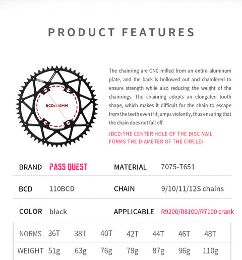 SHIMANO 110BCD R9200 R8100 R7100 Hollow Round Narrow Wide Chainring