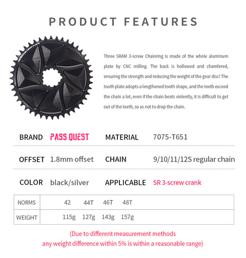 SRAM 3 Bolt (1.8mm offset outward) GRAVEL/ROAD Narrow Wide Chainring 42-48T
