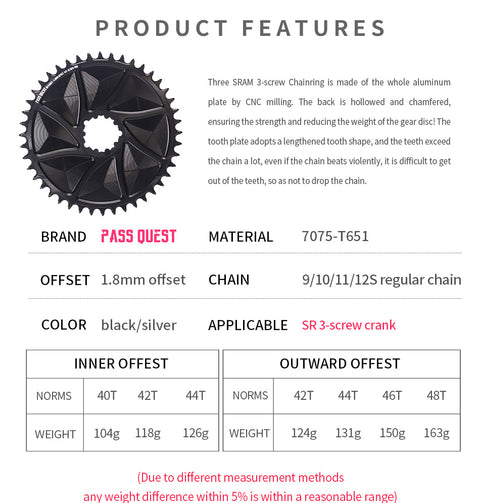 SRAM 3 Bolt (1.8mm offset) GRAVEL/ROAD Narrow Wide Chainring 42-48T