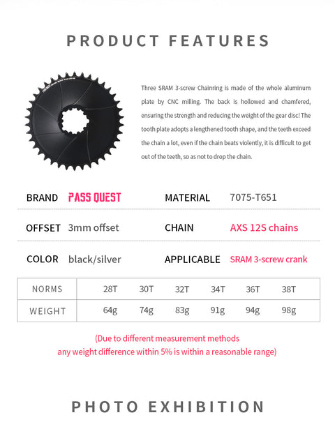SRAM GXP/DUB 3 Bolt( 3mm offset) AERO Narrow Wide Chainring 28-38T AXS