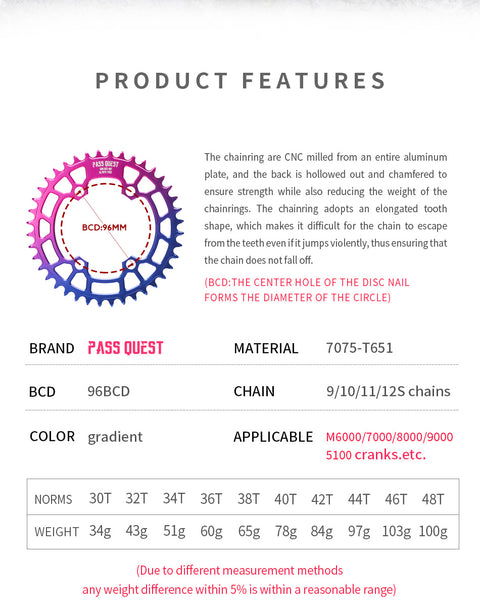 PASS QUEST Non-Standard 96BCD For Shimano Round Narrow Wide Chainring