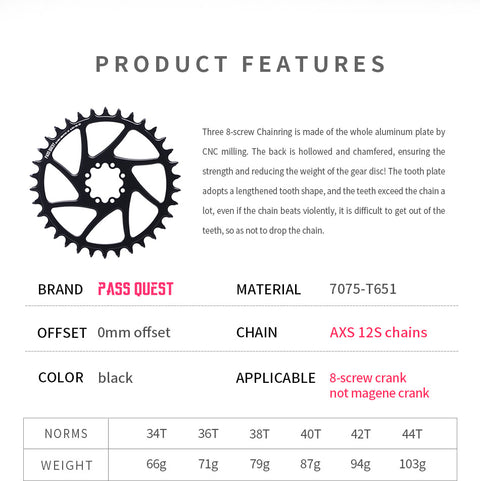 SRAM 8 Bolt AXS 0mm offset Mountain XX SL Narrow Wide Chainring 34-44T