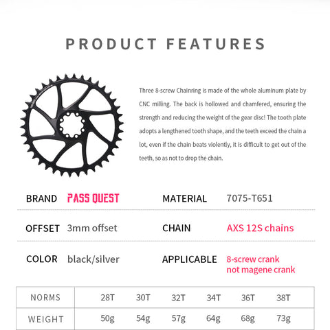 SRAM FORCE 8 Bolt ( 3mm offset) HOLLOW Mountain XX SL Narrow Wide Chainring 28-38T AXS
