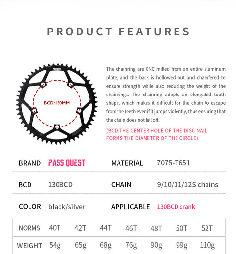 130BCD (5-bolt) Round Hollow Narrow Wide Chainring