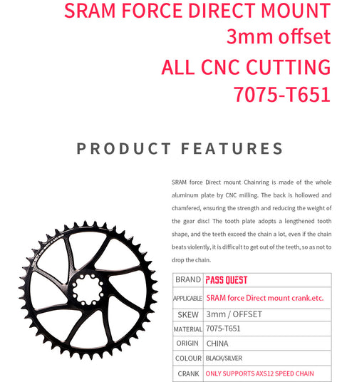 SRAM Force 8 Bolt (3mm offset) AXS Round Narrow Wide Chainring 40-54T