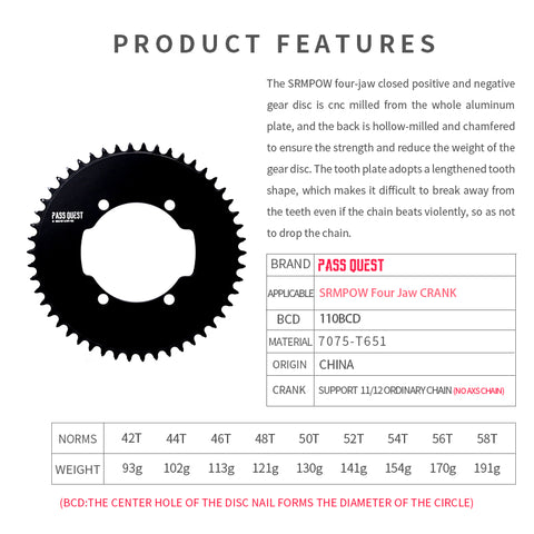 PASS QUEST SRM-110 BCD (4-bolt AERO) Round AERO Narrow Wide Chainring