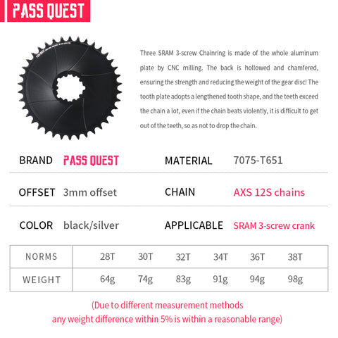 SRAM GXP/DUB 3 Bolt( 3mm offset) AERO Narrow Wide Chainring 28-38T AXS