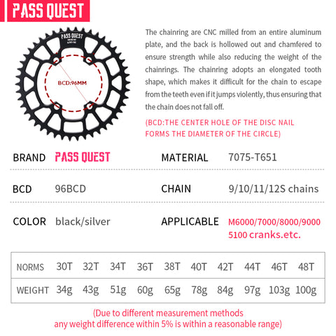 PASS QUEST Non-Standard 96BCD For Shimano Round Narrow Wide Chainring