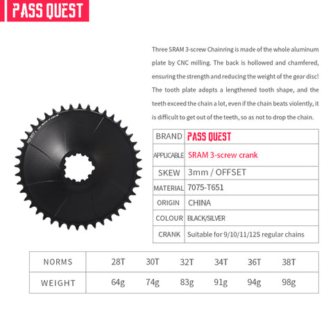 SRAM 3 Bolt (3mm offset) AERO Round Narrow Wide Chainring 28-38T