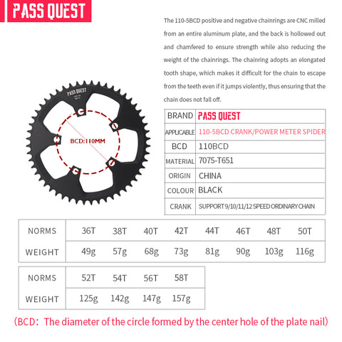 110BCD (5-bolt Hollow) Round Hollow Road Bike Narrow Wide Chainring