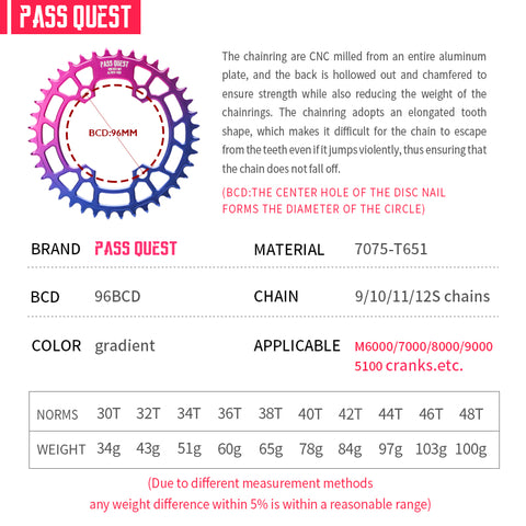 PASS QUEST Non-Standard 96BCD For Shimano Round Narrow Wide Chainring