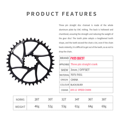 SRAM 3 Bolt (3mm offset) AXS Round Mountain Narrow Wide Chainring