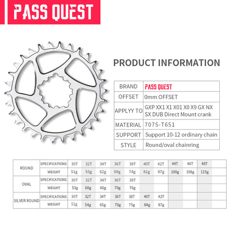 SRAM 3 Bolt (0mm offset) Round Hollow Narrow Wide Chainring 30-48T