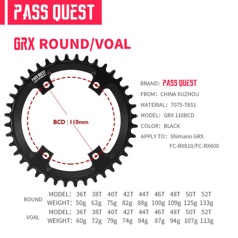 PASS QUEST For SHIMANO GRX 110bcd Oval Hollow Narrow Wide Chainring