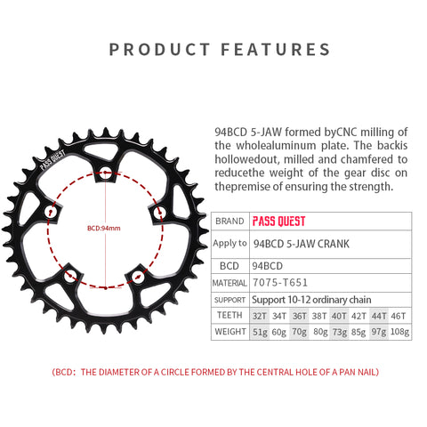 PASS QUEST 94 BCD (5-bolt) Hollow Round Narrow Wide Chainring