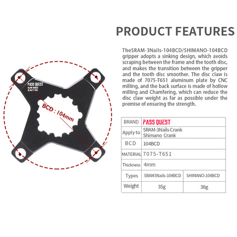 PASS QUEST Adapter Converter for SRAM GXP/DUB 3 Bolt to 104BCD Spider