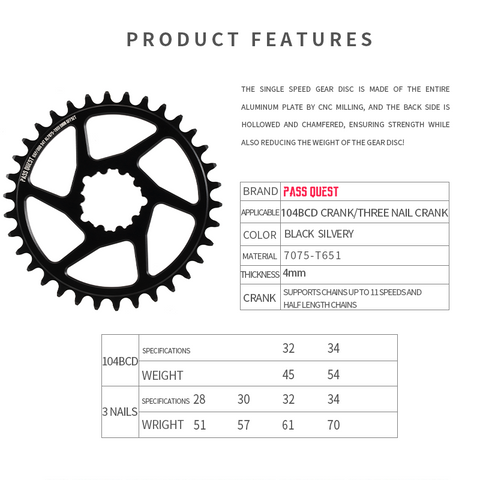 PASS QUEST 104BCD and SRAM 3 Bolt single speed chainring DJ dedicated
