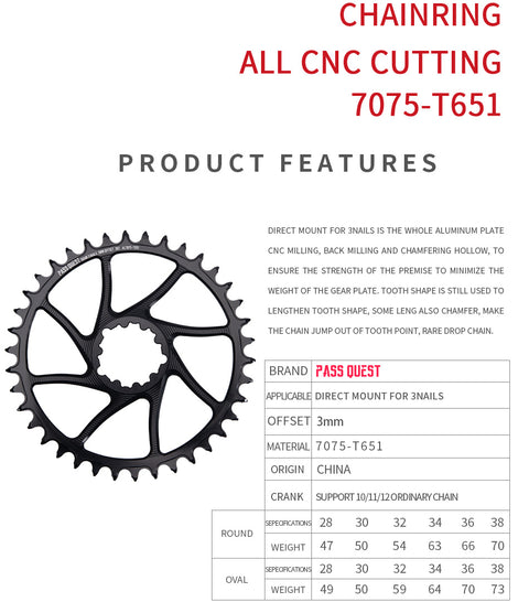 SRAM 3 Bolt (3mm offset) Round Hollow Narrow Wide Chainring