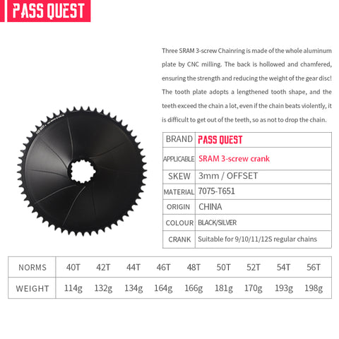 SRAM 3 Bolt (3mm offset) AERO GRAVEL/ROAD Narrow Wide Chainring 40-56T