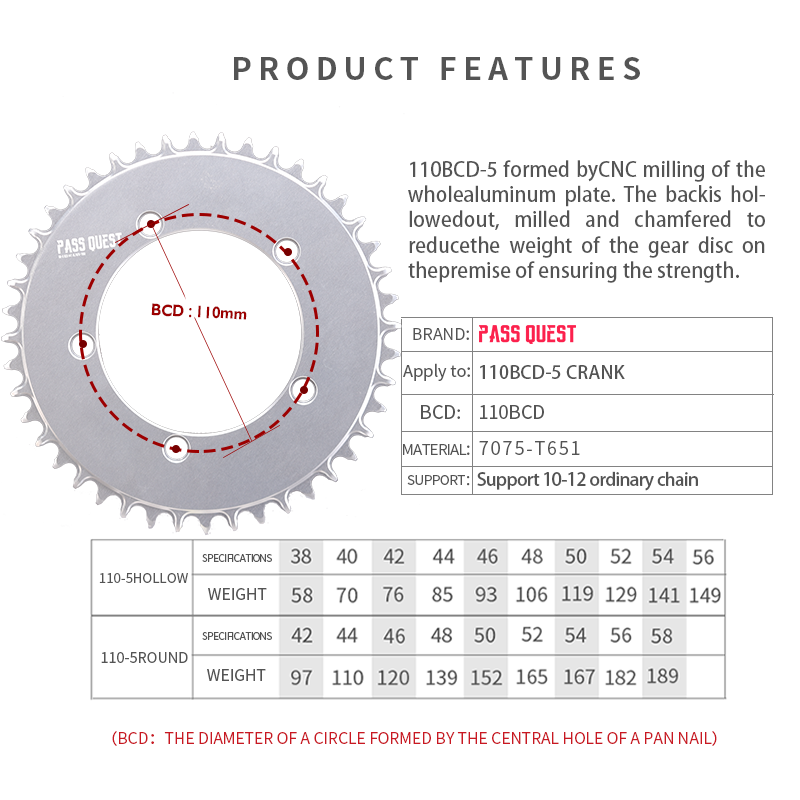 110BCD (5-bolt Hollow) Round Road Bike Narrow Wide Chainring